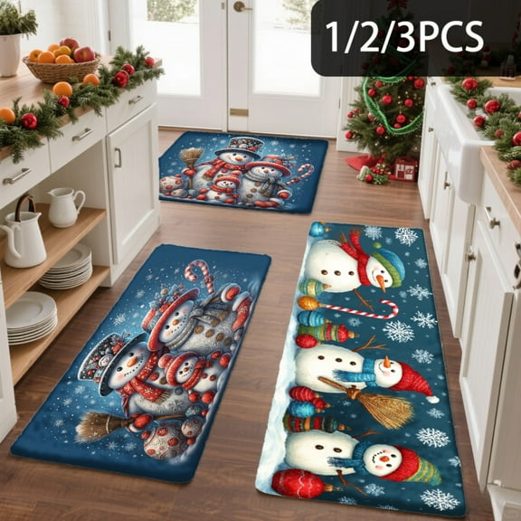 3PCS Kitchen Mat set, Welcome Door Flannel Rug,Home Decor for Front Door,Kitchen, Bathroom, Snowman Candy Cane Christmas Tree Snowflake Holiday Pattern ,Great