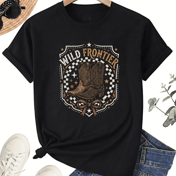 Wild Frontier Cowboy Boot Graphic T-Shirt, Western Cotton Tee
