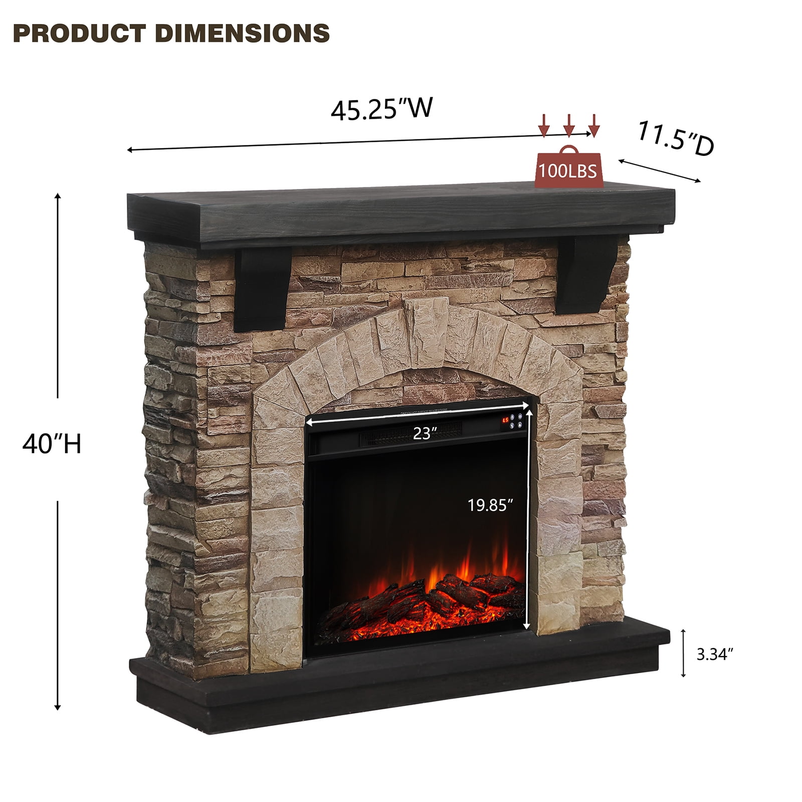 45" Electric Fireplace with Faux Brick & Remote Control, Brown, Includes Mantel