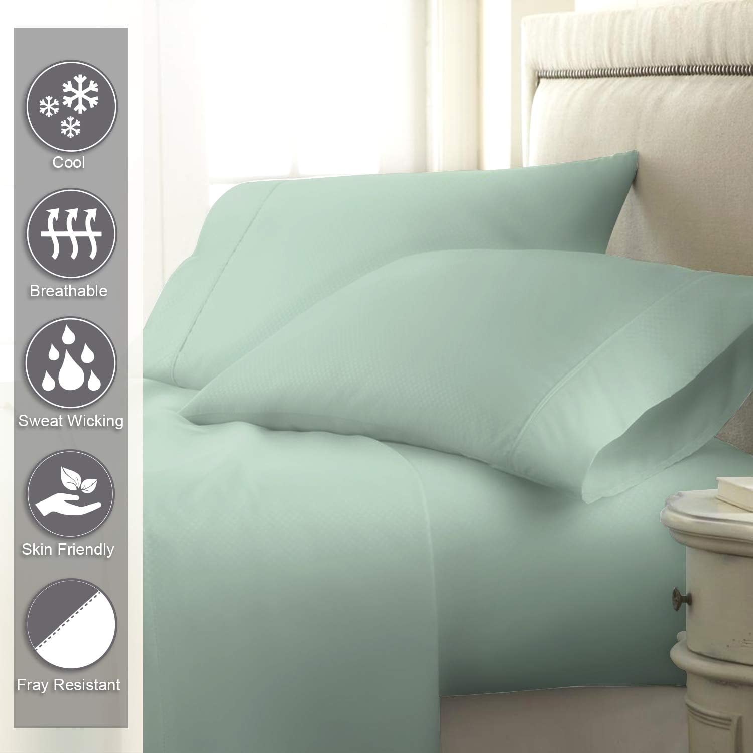 400 Thread Count Cotton Short Queen Sheets Set Sea Foam, 100 Long