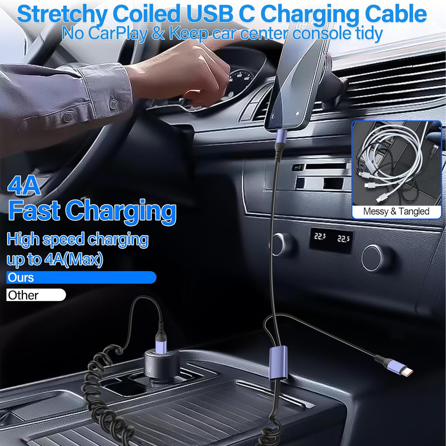 HRTGFD-Coiled Multi USB C Charging Cable Type C Splitter Spring Cable 4A Fast Charging Cord with 2 Type-C Male Port Compatible with Cell Phones Tablets,Retractable USB C Cable for Car 6FT