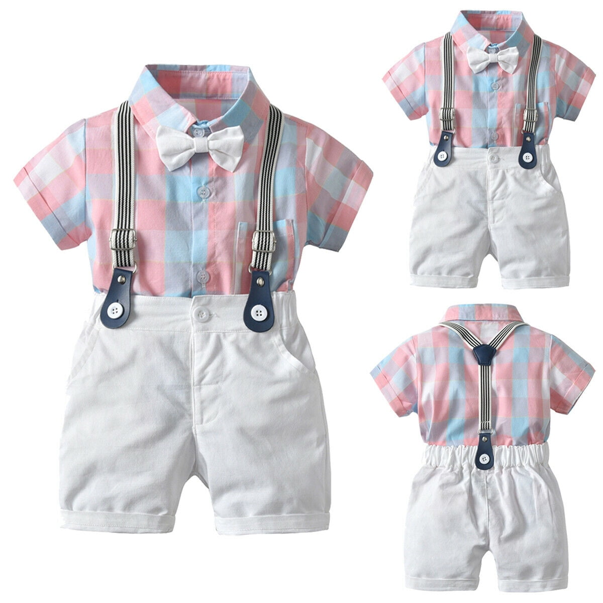 2PCS Toddler Baby Boys Gentleman Bow Tie T-Shirt Tops+Suspender Shorts Outfits 