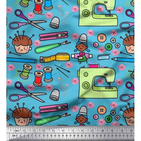 Soimoi Rayon Fabric Scissor,Buttons & Machine Sewing Printed Fabric 1 Yard 56 Inch Wide