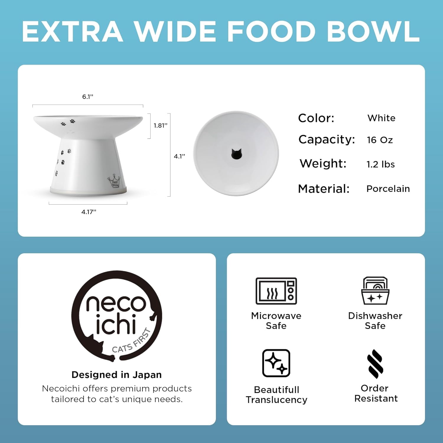 Necoichi Raised Cat Food Bowl – Ceramic Elevated Cat Bowl for Whisker & Neck Fatigue, Dishwasher Microwave Safe – Non-Slip & Anti Vomiting Ergonomic Design (Cats, Extra Wide, 2-Cups Capacity)