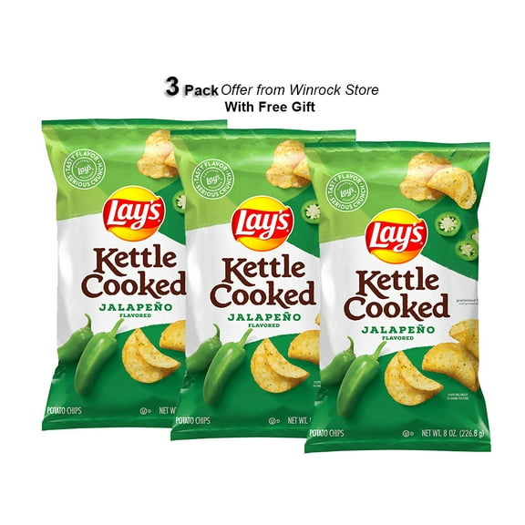 Lay's Kettle Cooked Jalapeno Potato Snack Chips, 8 oz Bag (3 Pack) Free Gift from Winrock Store