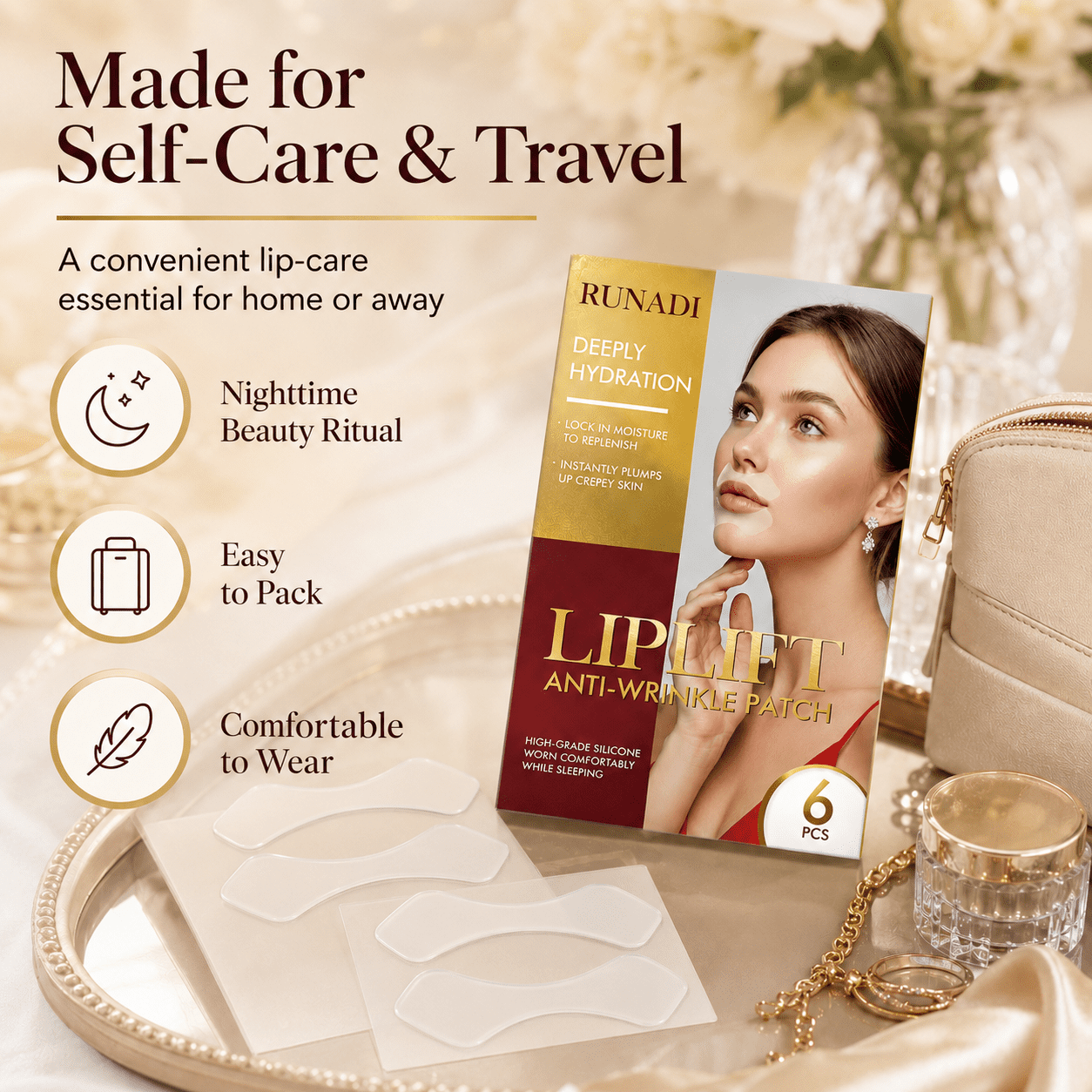 RUNADI Anti Wrinkle Patches for Lip and Smile Lines Care, Silicone Lip Wrinkle Patches for Smooth Crepey Skin Around Mouth, Reusable Wrinkle Patches for Face Overnight Support, 6 Pcs