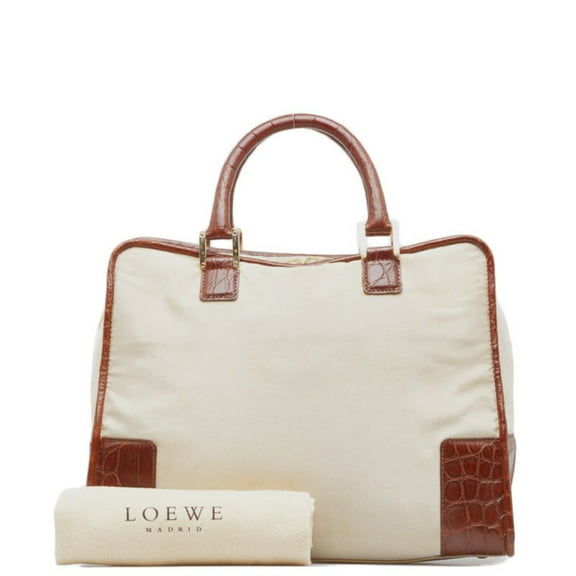 Pre-Owned LOEWE Amazona Crocodile Embossed Handbag Mini Boston Bag Beige Brown... (Fair)