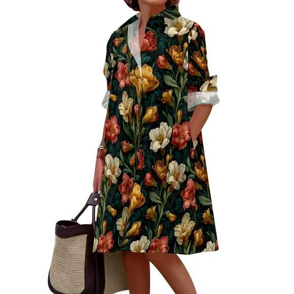 Vestido camisero Medlor casual de manga larga con estampado floral, talla grande