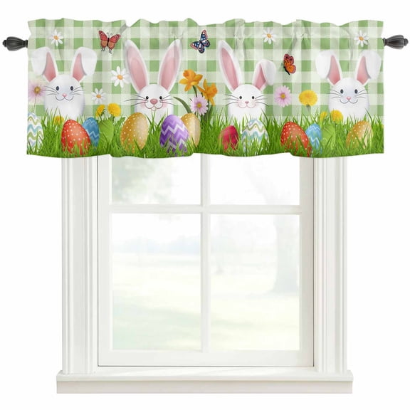 Easter Bunny Rod Pocket Curtain Valance, Spring Easter Eggs Floral Sage Green Plaid Farmhouse Window Valance for Living Room, Bedroom, Kitchen 42"W x 18"L