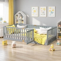 UHOMEPRO Twin Floor Bed with High Fence & Door, Montessori Floor Bed with 21.5" Safety Guardrails, Solid Wood Twin Beds Frame for Kids Girls, Boys, with Slats, Grey