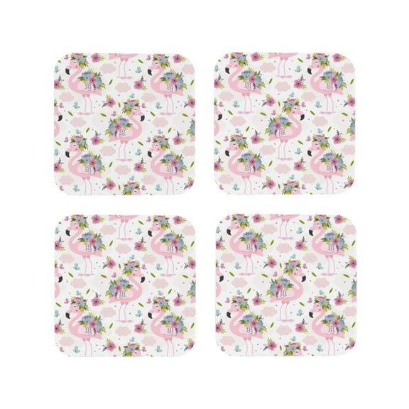 Picia Flamingo And Flowers Printed Leather Coasters for Drinks, 4" Drink Coasters Set of 4 for Tabletop Protection, Handmade Luxurious Home Décor and Housewarming Gift -Square