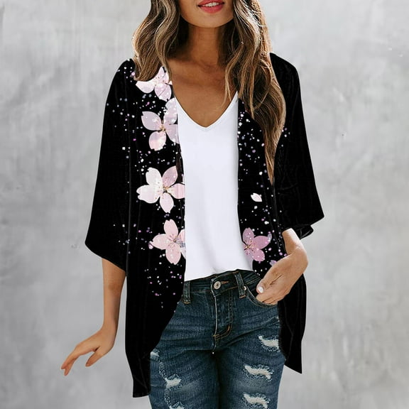 UPPADA Womens Kimono Cardigans Loose Fit Dressy Cover up Floral Print Cute Cardigan 3/4 Length Sleeve Blouses Casual Dressy Lightweight Open Front Multicolor,L