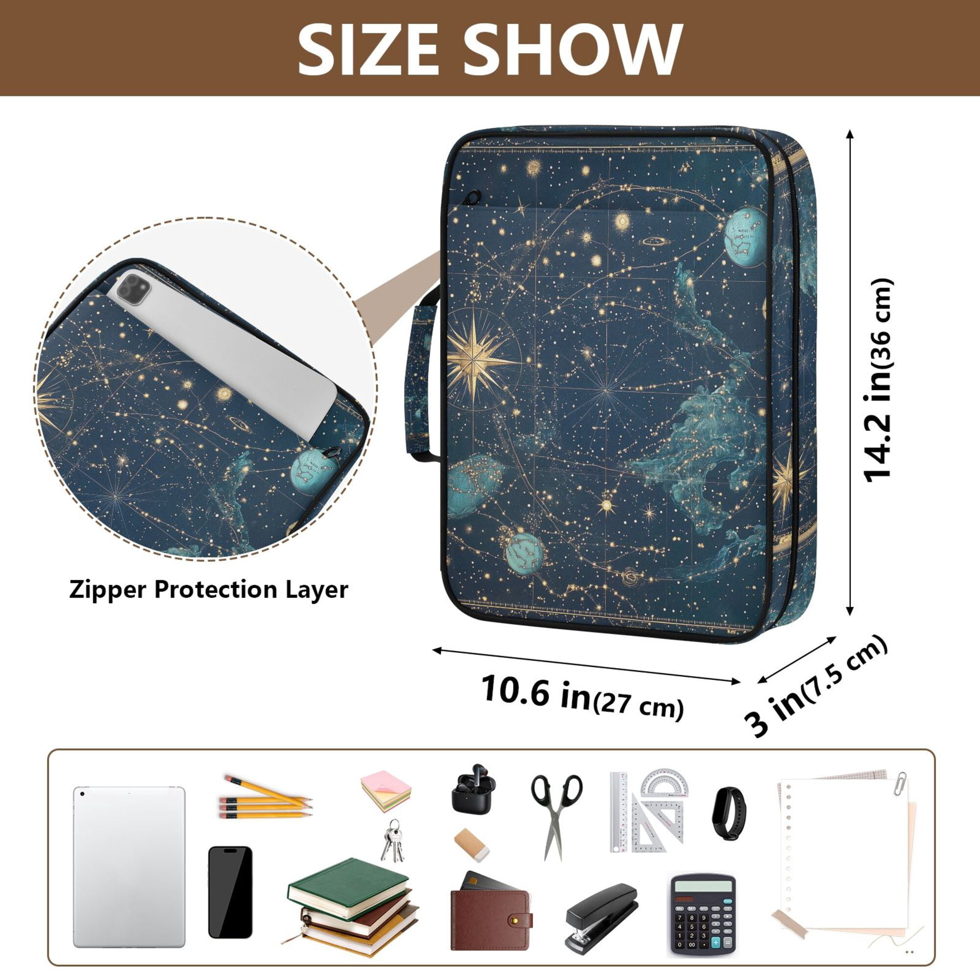 FORMRS Accordion File Folder A4 Size 7-Pocket Expanding Document Organizer Bag with 3 Ring Binder, Dark Star Map