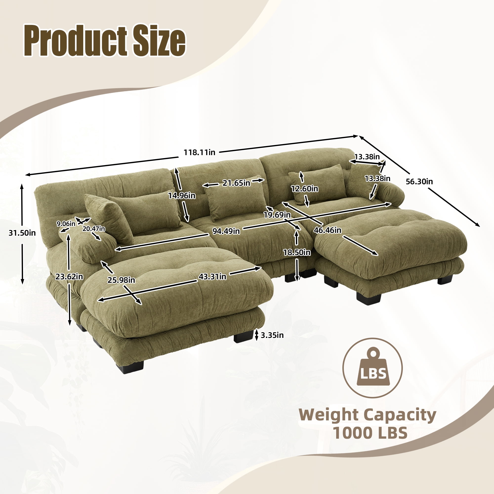MOONMISS Pelletized velvet U Shape Cloud Couch with 2 Ottomans,Free Combined 3 Seater Comfy Sofa with Bolster Armrest Pillows, sofa for Living Room