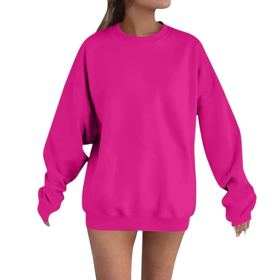 PUMXQ Women Oversized Drop Shoulder Solid Blank Crewneck Hoodless Sweatshirt Long Sleeve Pocketless Lightweight Basic Casual Pullover Top Hot Pink L
