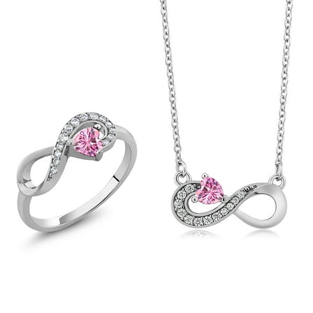 Gem Stone King 925 Silver Pink Moissanite Infinity Ring Pendant Jewelry Set for Women (0.75 Cttw, Gemstone Birthstone, Heart 4MM, with 18 inch Silver Chain)