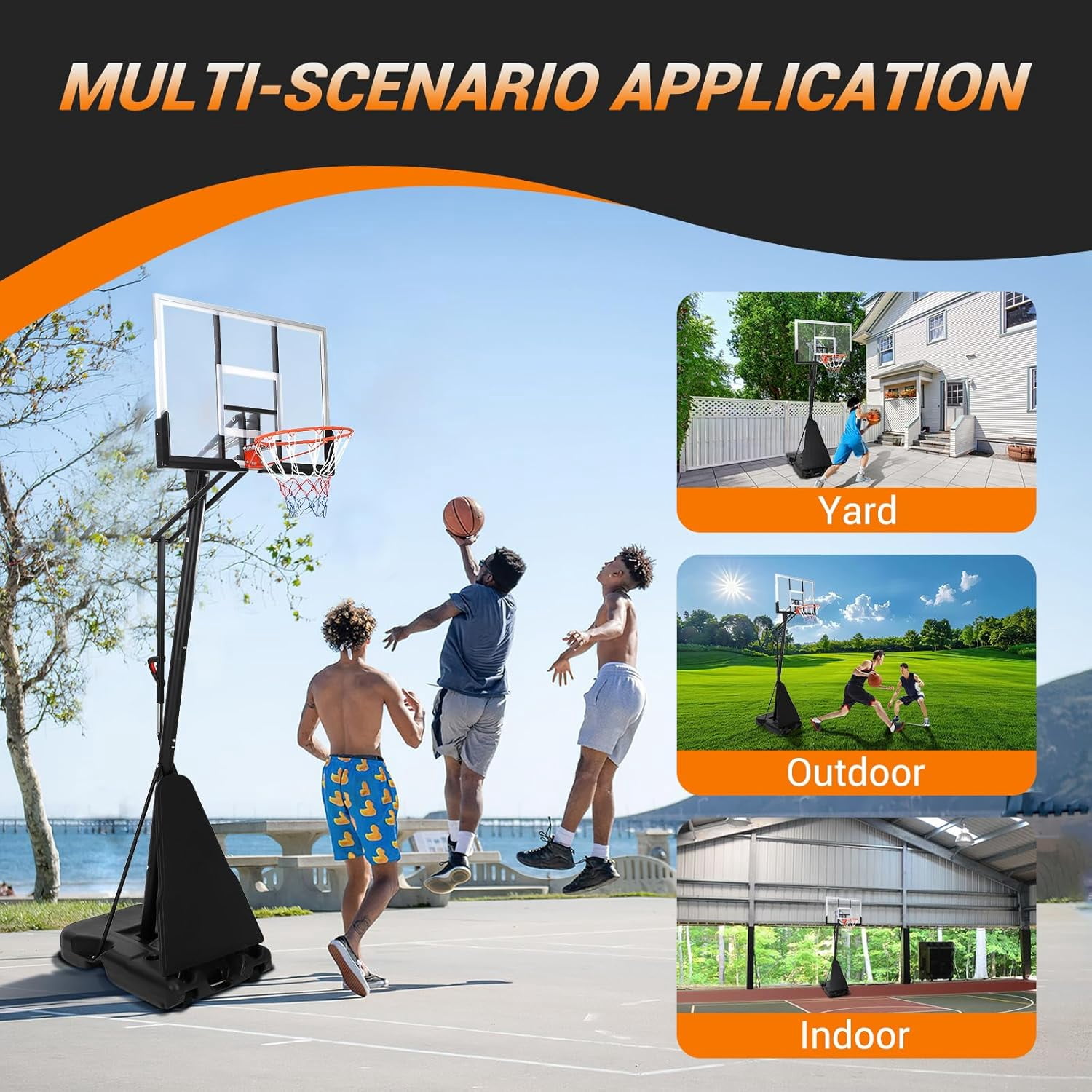 Lumiparty Basketball Hoop Outdoor 5.2-10Ft Portable, 47 Inch Shatterproof Backboard, Quick Adjustable Basketball Goal System for Adults in Swimming Pool Driveway Backyard, Black