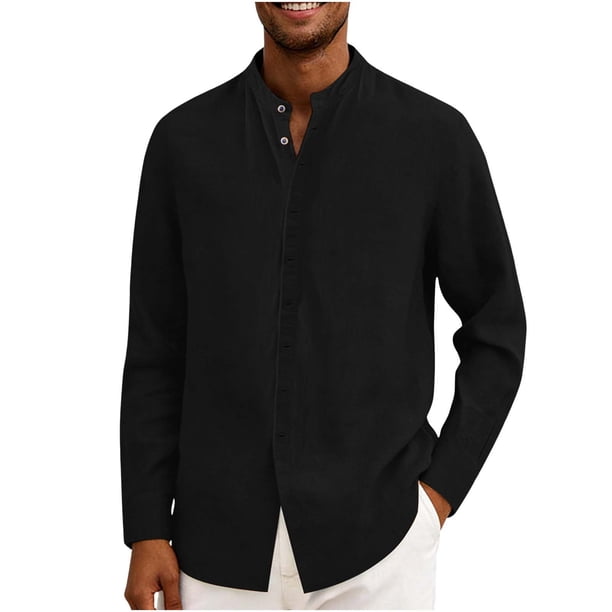 Ceisia Men's Relaxed Fit Linen Blend Stand Collar Shirt, Solid Color Long Sleeve Casual Button-Up Top Gifts