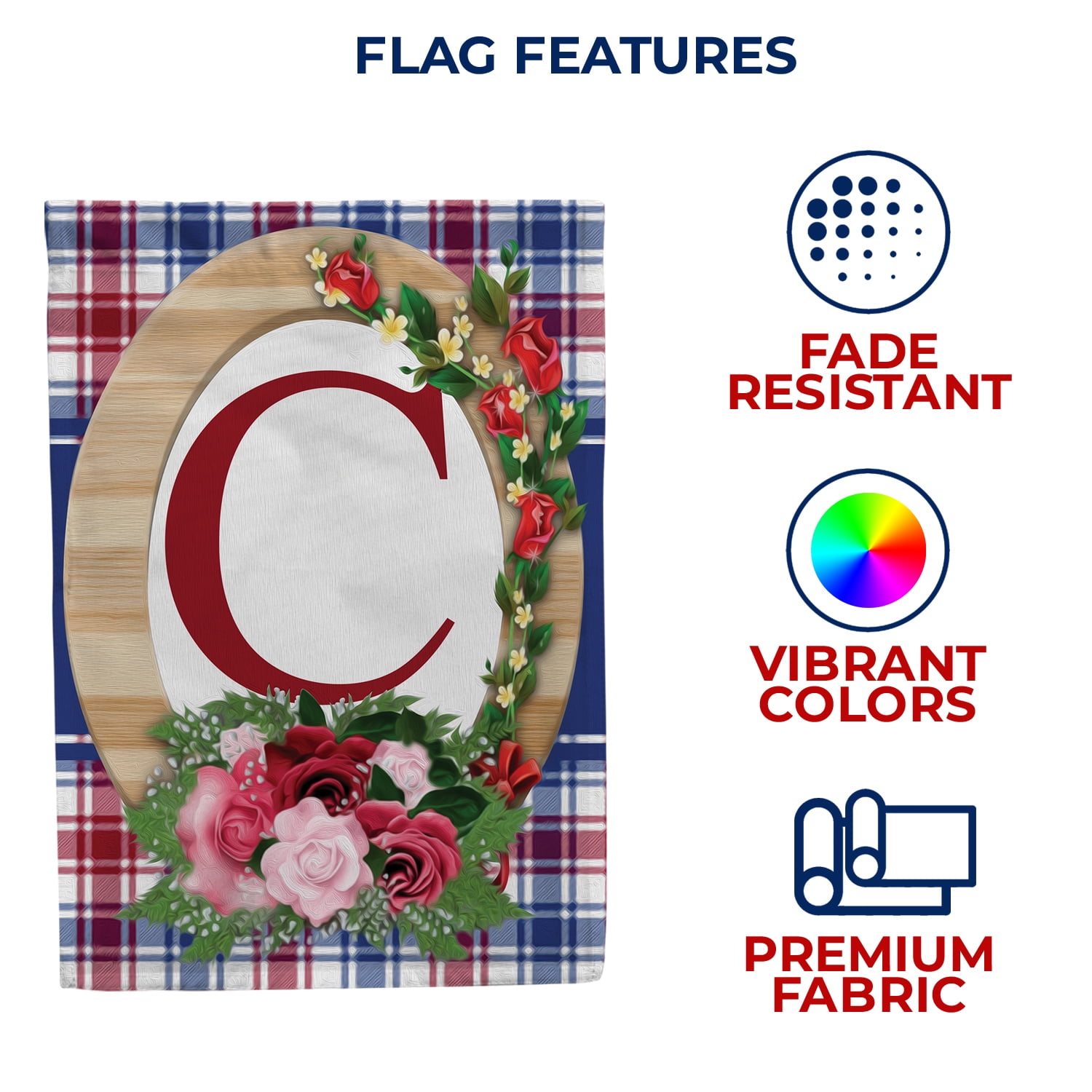 America Forever Monogram C House Flag, 28 x 40 inch Double Sided, Letter C with Roses, Floral Initial Flag, Plaid Background, Personalized Yard Decor