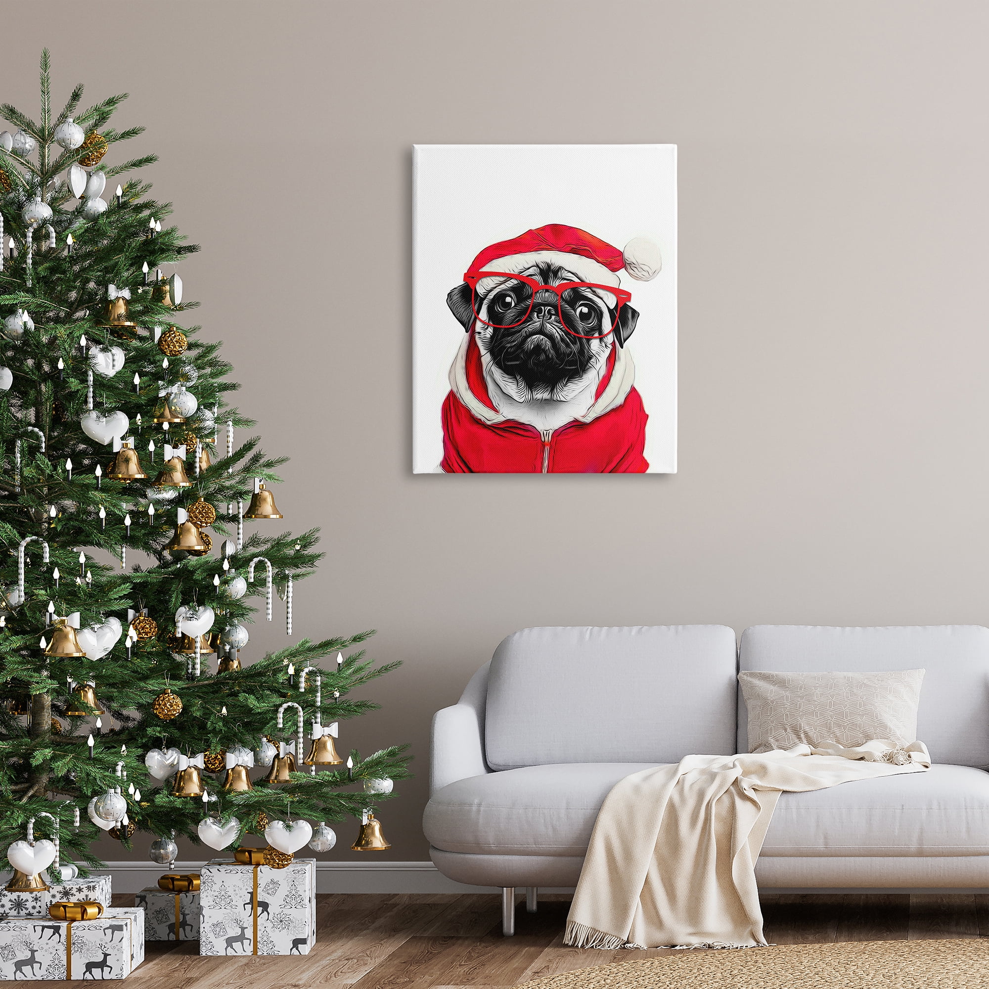 Stupell Industries Pug in Santa Hat Holiday Painting Gallery Wrapped Canvas Art Print Wall Art, 30 x 40