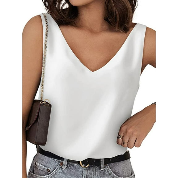 Women Satin Tank Tops Loose Fit Sleeveless V Neck Silk Summer Camisole Solid Color Basic Cami Tee Shirt