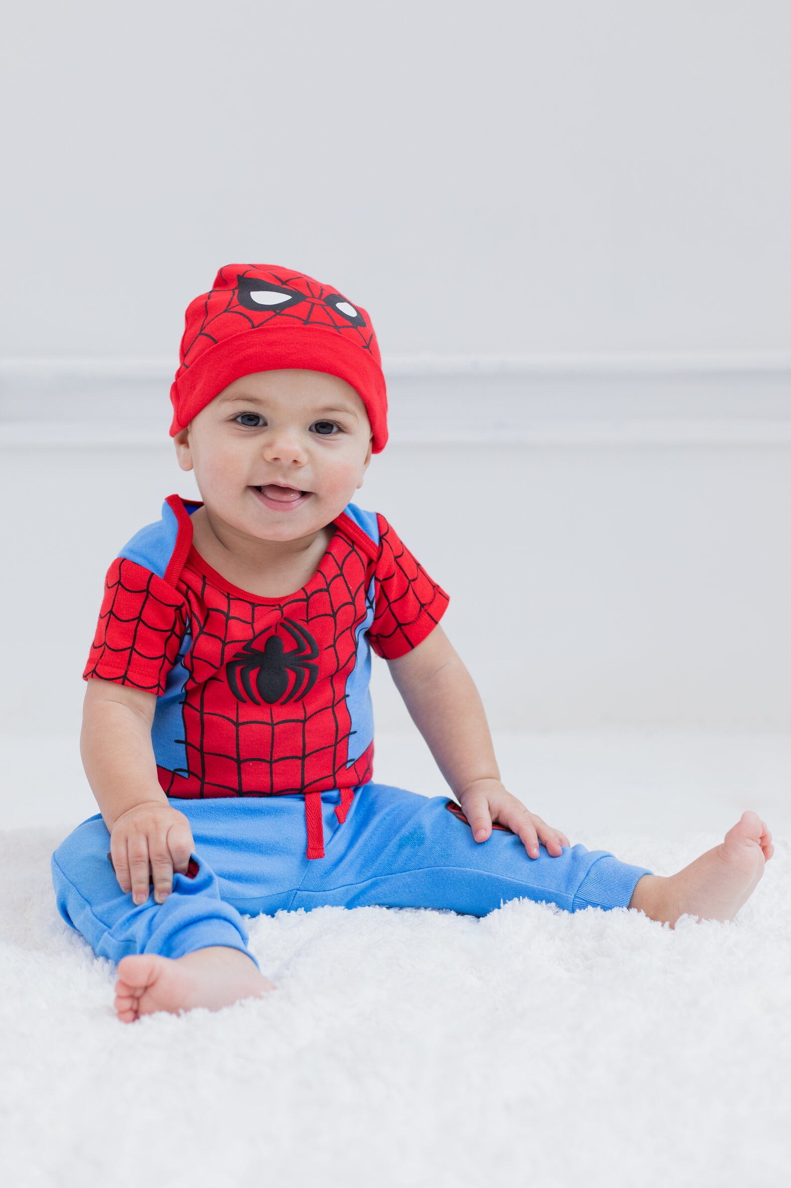 Marvel Avengers Spider-Man Infant Baby Boys Bodysuit Pants and Hat 3 Piece Outfit Set 6-9 Months