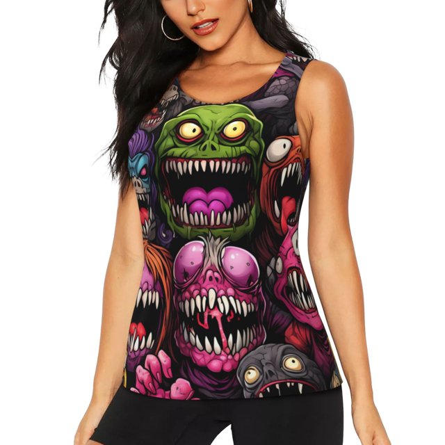 Fotbe Monstrous Cartoon Characters Blusas Sin Mangas para Mujer – Estilo Casual, Corte Suelto, Slim-Fit, Cuello Redondo Deportivo, Tops de Verano para Gimnasio y Yoga-Large