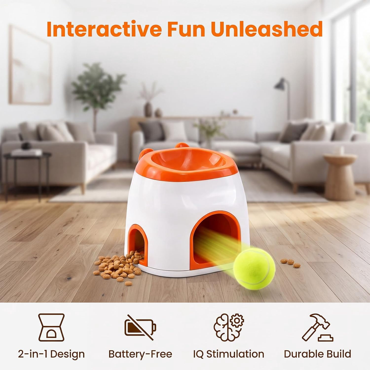 2-in-1 Dog Tennis Ball Launcher & Treat Dispenser, Automatic Ball Thrower for Small Medium Dogs, Interactive Pet Feeder Toy, No Batteries Needed