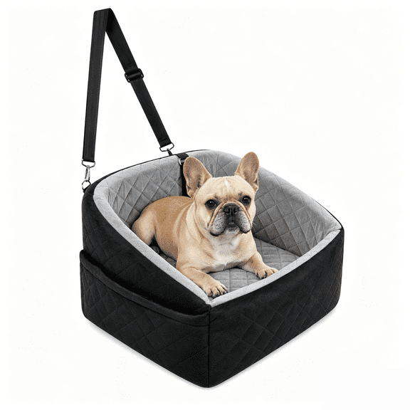 Kawiwi Dog Booster Car Seat for Small Medium Pets up to 35 lb, Quilted Oxford Fabric Pet Travel Bed with Detachable Washable Cushion and Seat Belt Loops, Black Gray