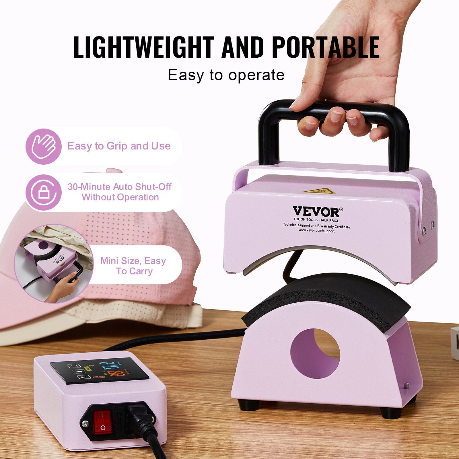 Compact Hat Heat Press, 5.9x3.15 Inch Plate, Purple – Ideal for Small Caps & DIY Projects