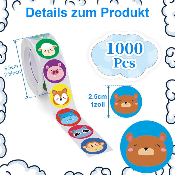 Paquete de 1000 pegatinas motivacionales de 1 pulgada para niños, autoadhesivas, pegatinas de recompensa con 16 lindos motivos de animales, pegatinas de recompensa, pegatinas de recompensa, elogio,