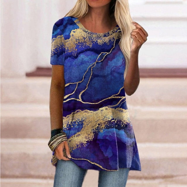 SMihono Hauts pour Femmes Été Chic Décontracté Mode T-shirt d'Été pour Femmes à Col Rond à Manches Courtes Imprimé Décontracté Blouse T-shirt Grande Taille