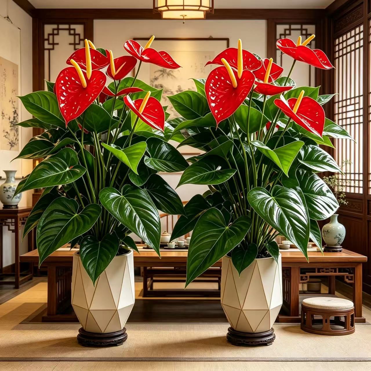 21.65in Artificial Anthurium Plant, 4Pcs 18 Leaves Faux Red Flowers, Large Fake Potted Plants for Home Decor Indoor Outdoor, No Pot