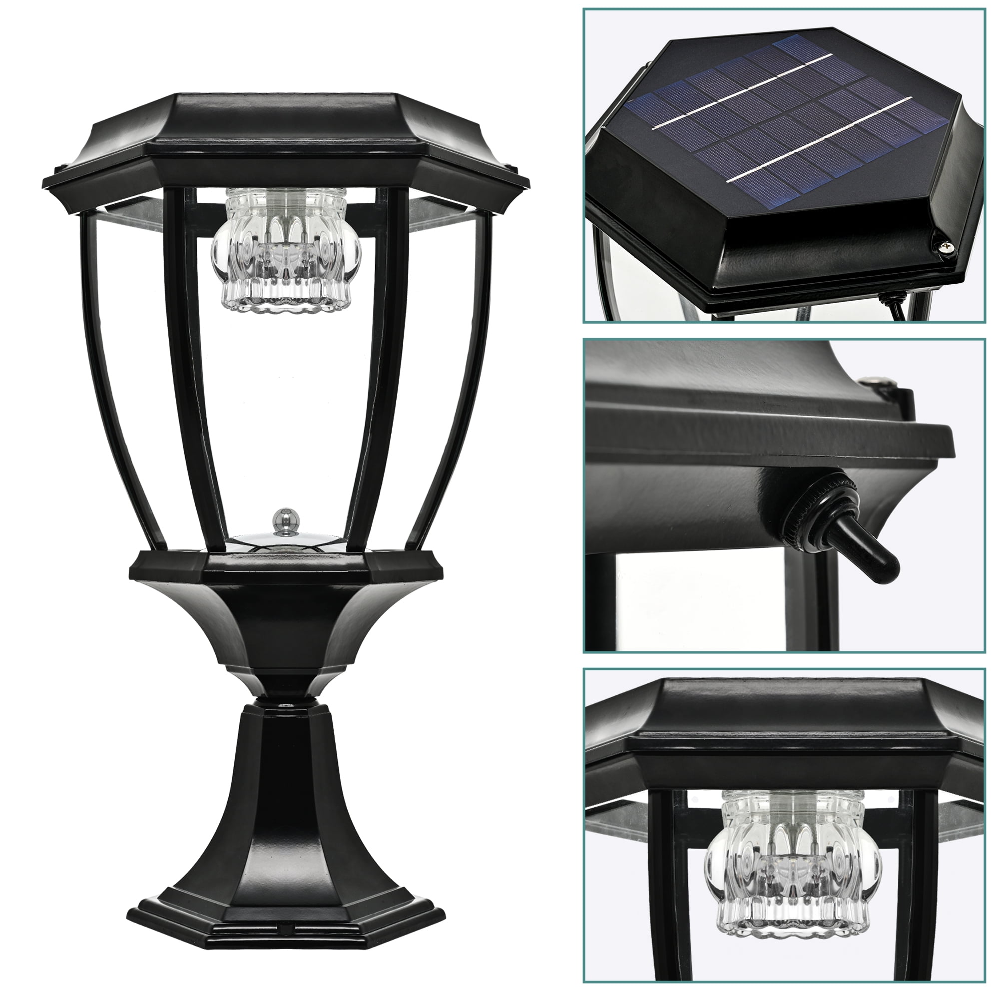 Solar Powered Black Outdoor Pier Mounted Aluminum & Glass Post Light