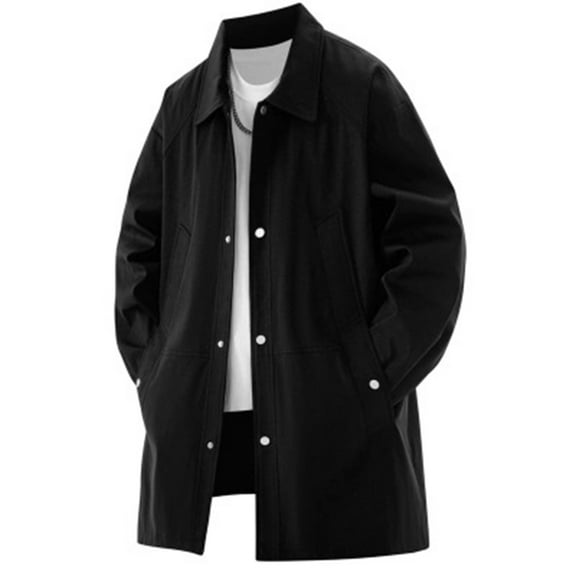 Men's Button Down Trench Coat Slim Fit Single Breasted Long Windbreaker Jacket Classic Lapel Casual Overcoat with Pockets (L, Black)