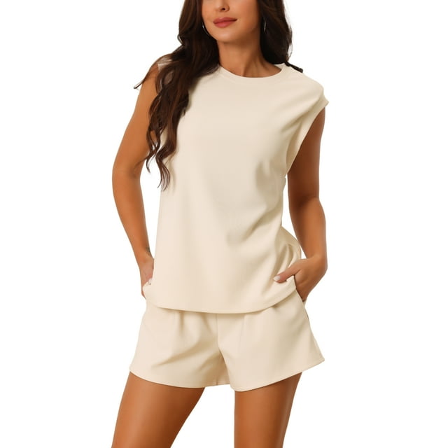 Conjunto de 2 piezas INSPIRE CHIC para mujer, set de punto elástico con top sin mangas y pantalones cortos, conjuntos de lounge M color albaricoque