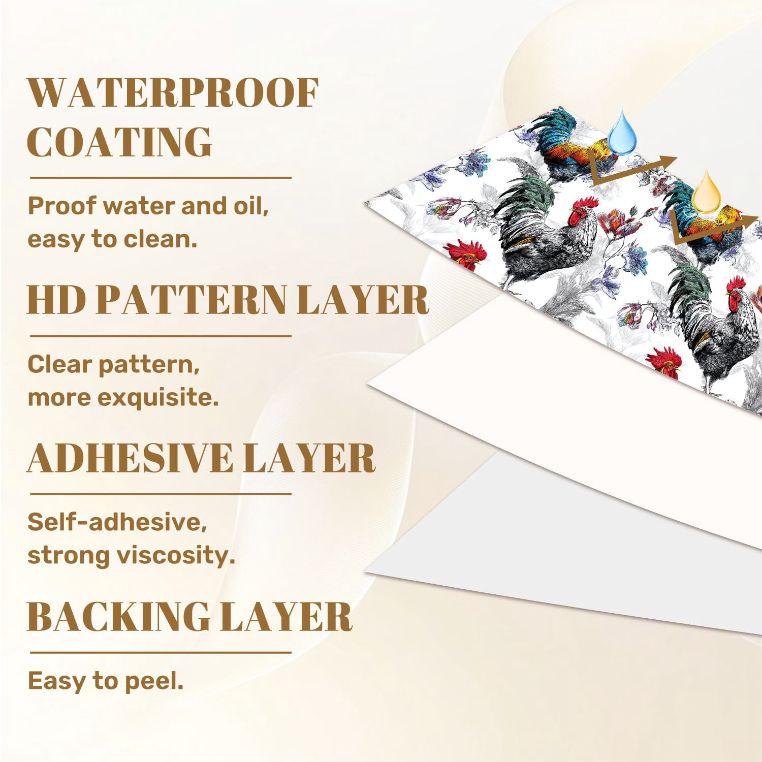 Farmhouse Peel and Stick Wallpaper Vibrant Rooster Colorful Feathers Floral Wall Mural 23.6in x 9.8ft Self Adhesive Wall Paper for Cabinets Drawers Bathroom Bedroom Thicken Vinyl Roll