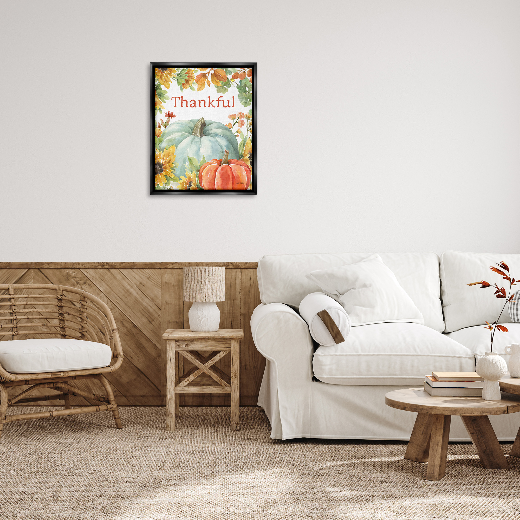 Stupell Industries Thankful with Fall Harvest Holiday Painting Black Floater Framed Canvas Art Print Wall Art, 25 x 31