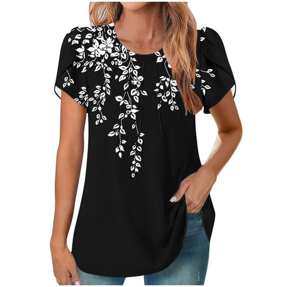 HAPIMO Women' Plus Size Elegant Pleated Blouses Round Neck Tees Flowy Summer Tops for Women Flower Print Tops Casual Loose Fashion Clothes Dressy Tunic Multicolor XL