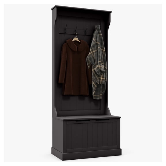 28" 3-In-1 Entryway Hall Tree with Storage , Coat Rack with Four and Shoe Storage, Black