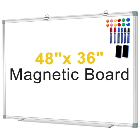 Magnetic Dry Erase White Board, Large 48 x 36 Inch Wall Mounted Whiteboard, Smooth Writing Surface for Home Office Kitchen Classroom, Silver Aluminum Frame, White