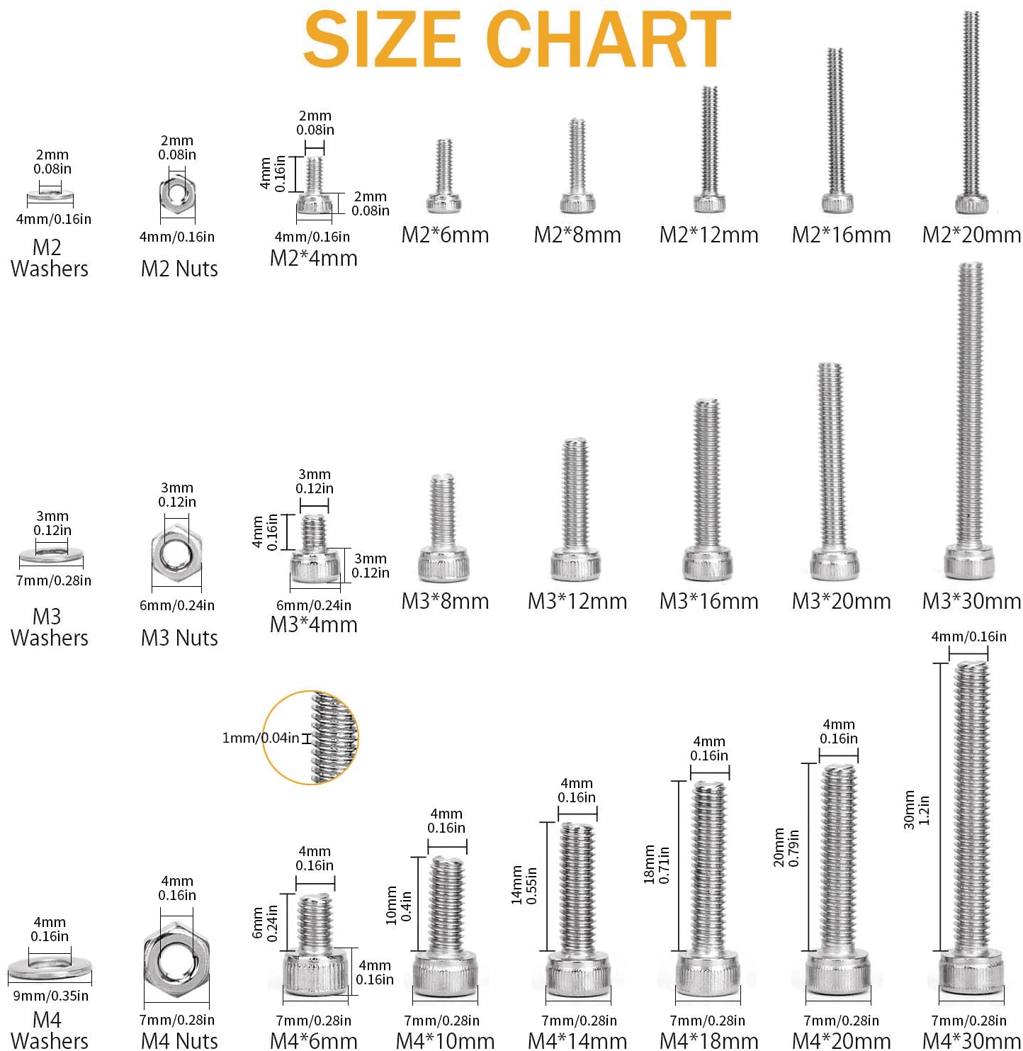 VIGRUE M2-M3-M4-1080PCS Stainless Steel Screws and Nuts, 1080 Pcs Hex Socket Head Cap, Silver