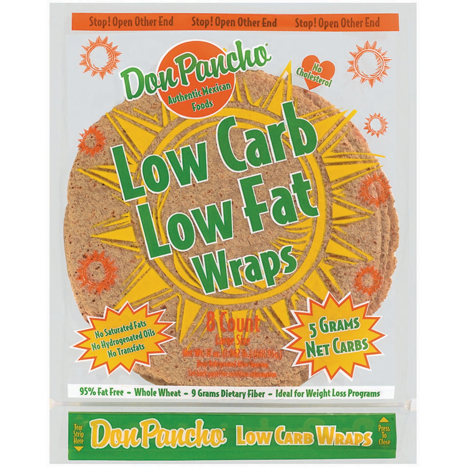Don Pancho Low Carb Low Fat Whole Wheat Large 8 Ct Wraps 17 Oz Bag