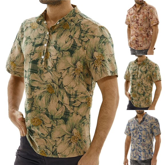 Jinhomg Mens Vacation Shirts Vintage Style Print Cotton Tops Lightweight Comfy Short Sleeve Button Up Casual Tees Summer Beach Wear Limited Time Deal Blue L