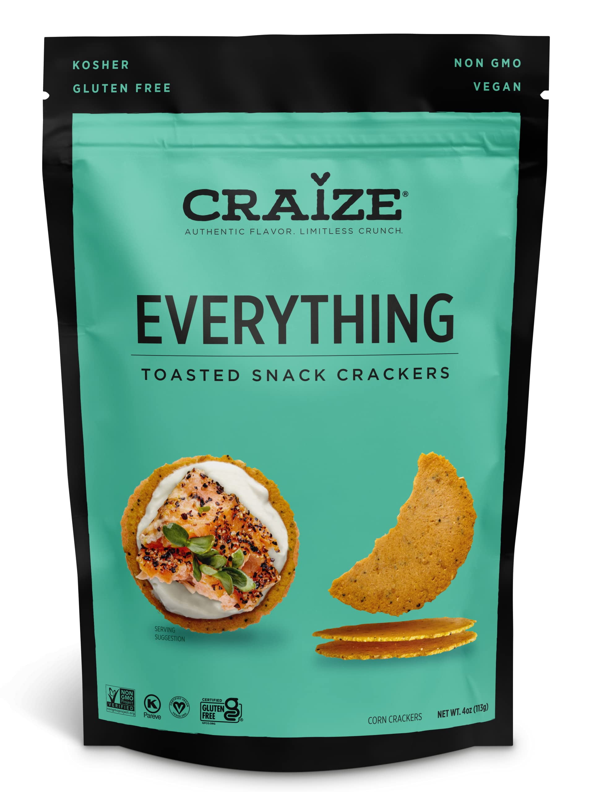 Craize Everything TI12 Crisps | Gluten Free, Vegan, Kosher, Toasted Corn Crackers | 3 pack, 4 oz each