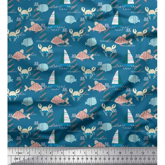 Soimoi Poly Crepe Fabric Lighthouse,Crab & Fish Kids Print Sewing Fabric Yard 52 Inch Wide