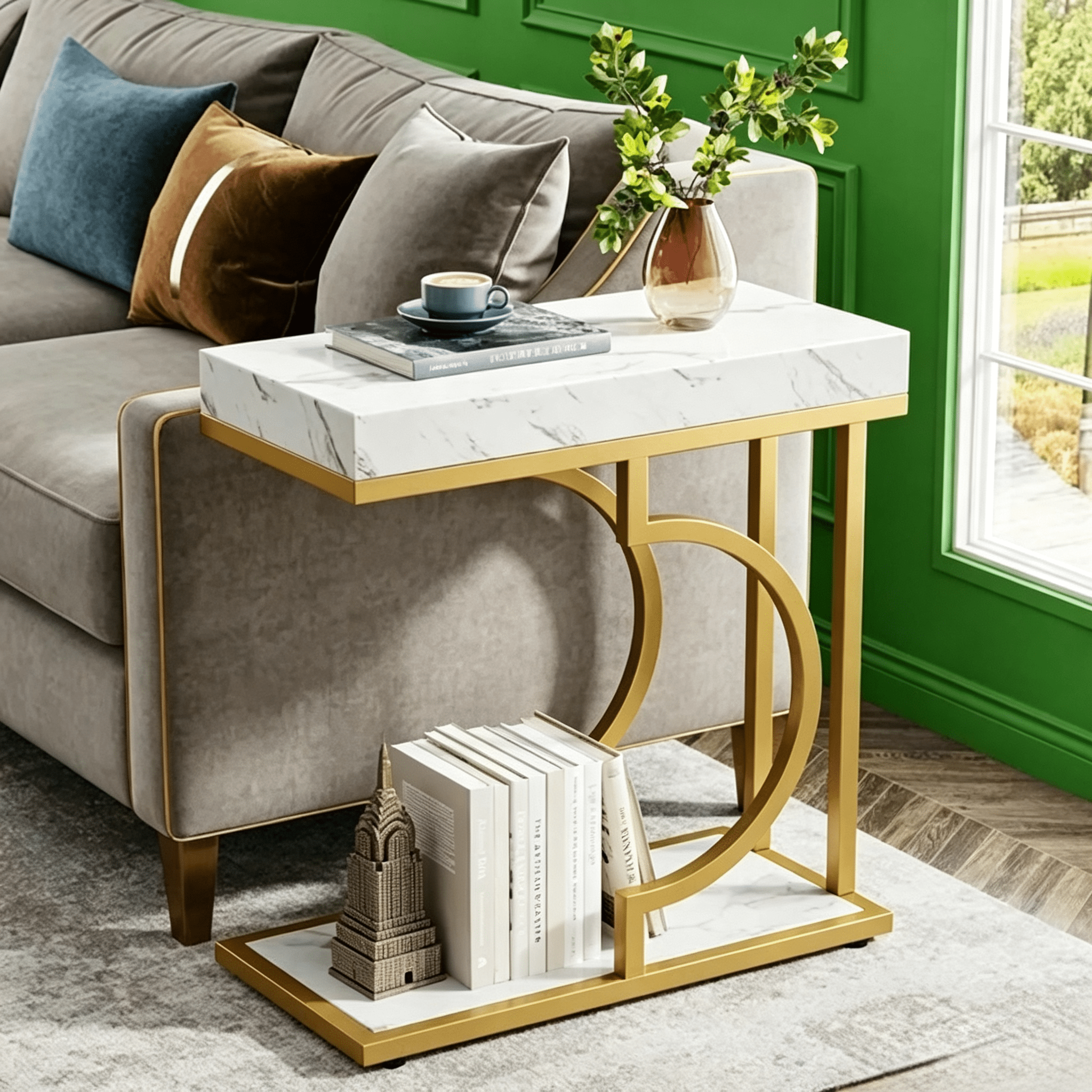 Farmhouse C Table, Semicircular Frame, Sturdy Metal & Particle Board for Living Room/Bedroom/Small Spaces