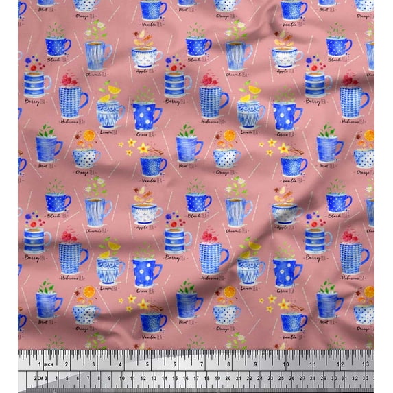 Soimoi Velvet Fabric Spices & Tea Cup Watercolor Decor Fabric Printed Yard 58 Inch Wide