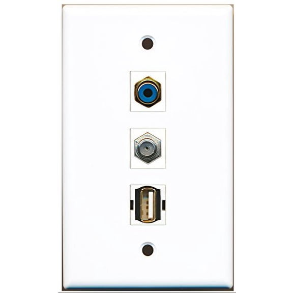 RiteAV - 1 Port RCA Blue and 1 Port Coax Cable TV- F-Type and 1 Port USB A-A Wall Plate