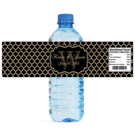 100 Gold Pattern Black Background Monogram Wedding Anniversary Engagement Party Water Bottle Labels 8"x2"